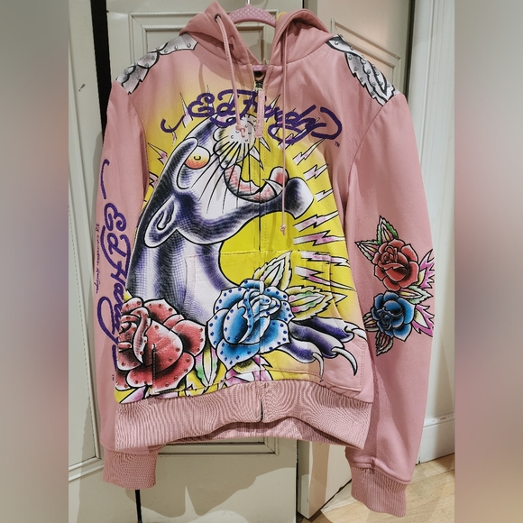 Vintage Ed Hardy Pink Graphic Leather Jacket L. Mint Condition Never Worn